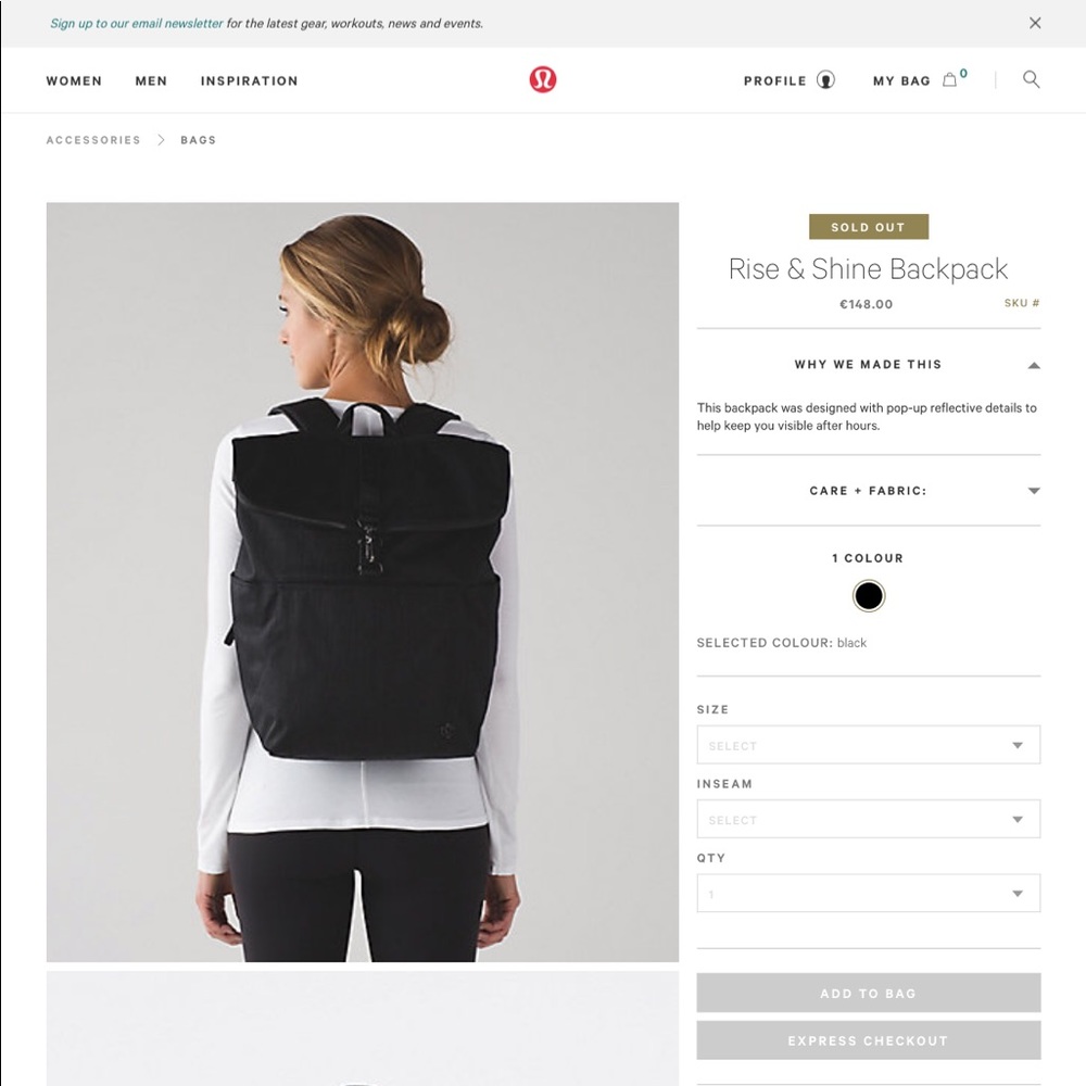 black lululemon rise & shine backpack